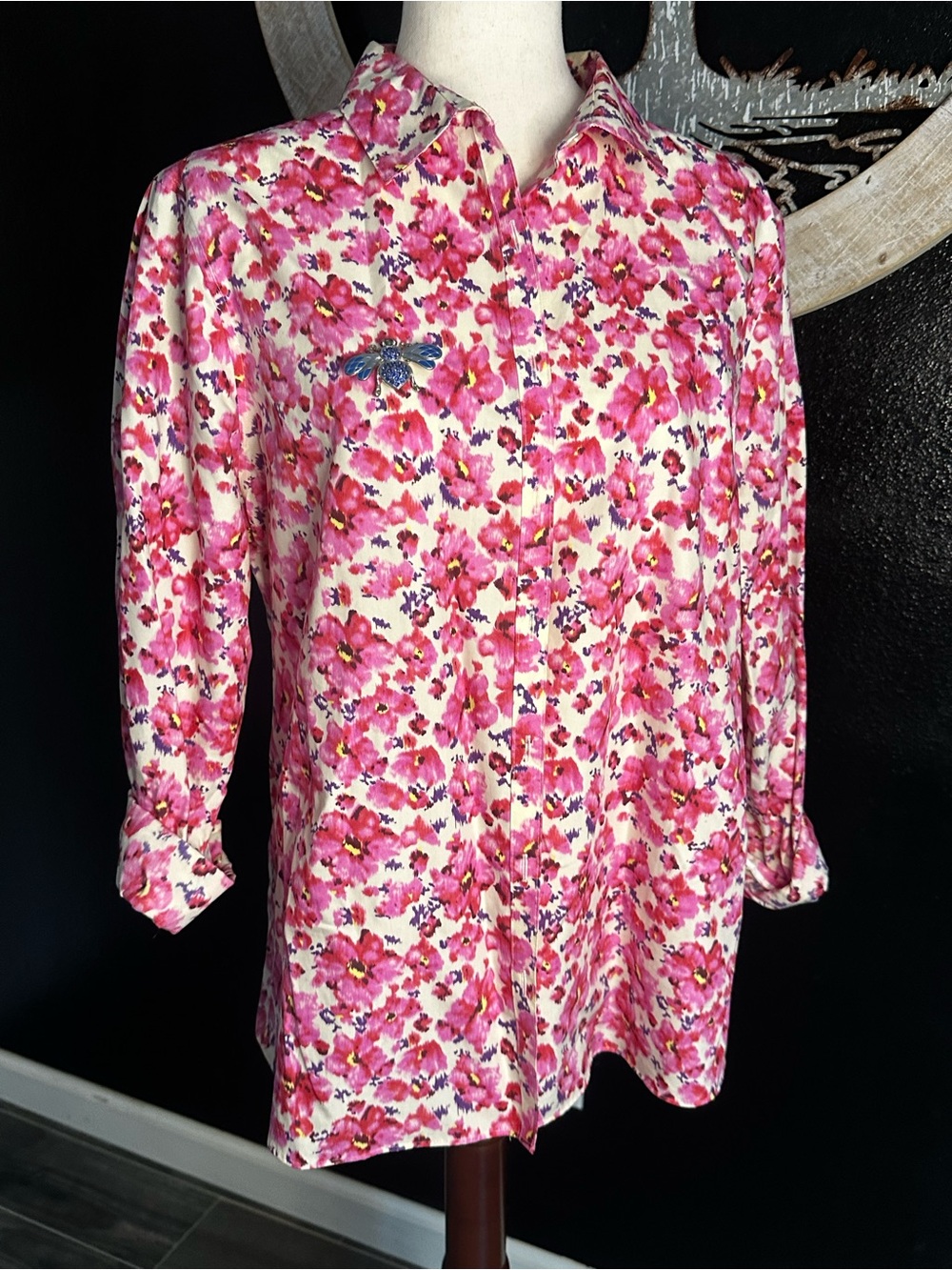 Lands' End Pink Floral Button-Front Top